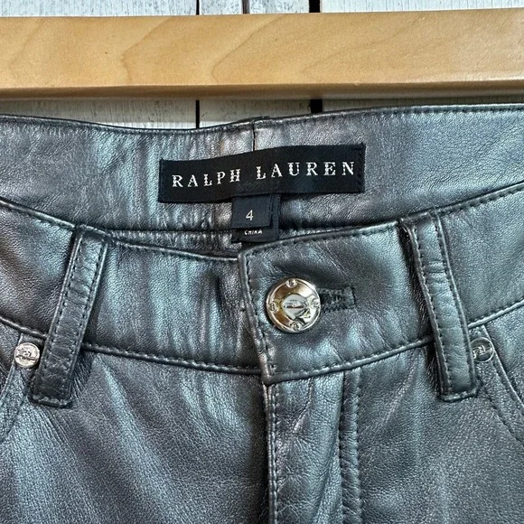 Ralph Lauren Womens Silver Metallic Lamb Leather Slim Straight Pants Size 4 - Picture 3 of 7